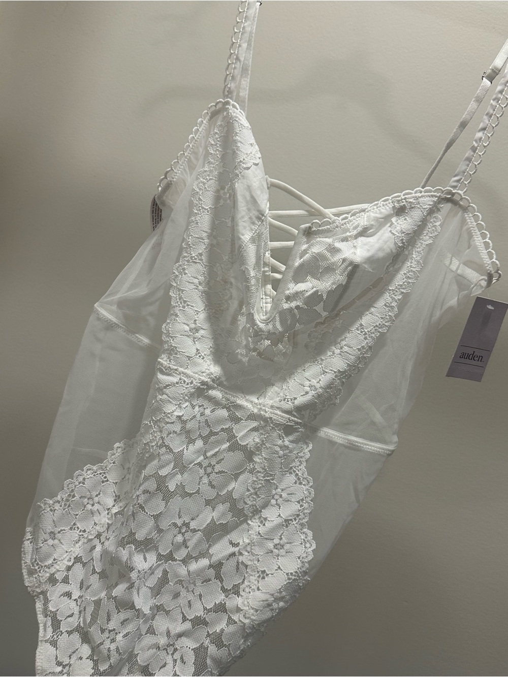 Women’s M | Auden White Sheer Mesh & Lace Front Corset Detail Bodysuit
